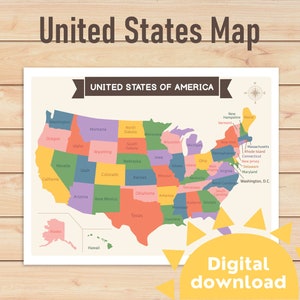 USA Map Poster für Kinder | Name von Staaten in USA | Lernen Sie die Staaten | USA Karte | Dekor für Hausschule und Klassenzimmer | Lernen Printable