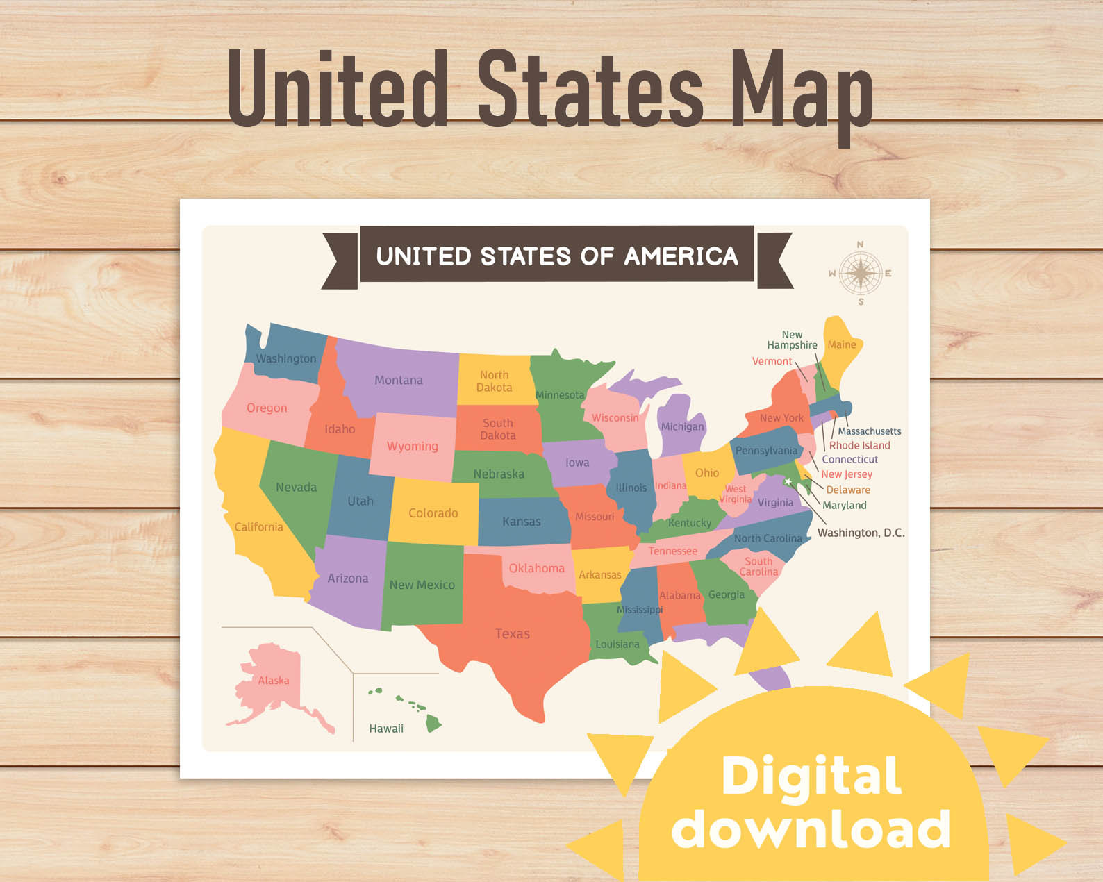 Mapa de EE.UU. para niños, cartel de Los Estados Unidos, Impresión de mapa  ilustrado, Decoración de vivero neutral de género, Arte de pared para niños  pequeños -  España