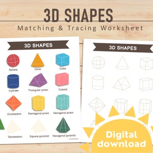 Peut inclure: Une feuille de travail imprimable pour les enfants pour apprendre les formes 3D. La feuille de travail comprend une section de correspondance avec des illustrations colorées de formes 3D et une section de traçage avec des contours des mêmes formes. Les formes comprennent une sphère, un cône, un cube, un cylindre, un prisme triangulaire, un parallélépipède, un octaèdre, un prisme pentagonal, un prisme hexagonal, un tétraèdre, une pyramide carrée et une pyramide hexagonale.