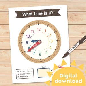 Telling Time Learning Clock Printable | Kindergarten Math Activity, Montessori Homeschool Resource | Digital Download