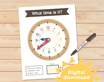 Horloge d'apprentissage de l'heure imprimable | École à la maison, maternelle (téléchargement numérique)