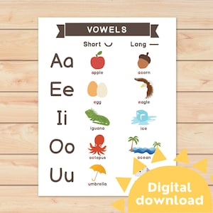 Vowels Chart Learning Vowels Alphabet Busy Book Binder Kindergarten Phonics Preschool Homeschool Activity Printable INSTANT DOWNLOAD
