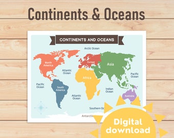 Continents and Oceans Poster for kids | 7 continents & 5 oceans | World map | Learn Geography | Homeschool and Classroom décor | Printable