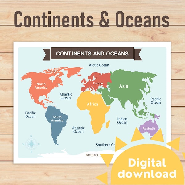 Continents and Oceans Poster for kids | 7 continents & 5 oceans | World map | Learn Geography | Homeschool and Classroom décor | Printable