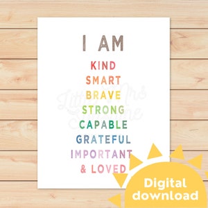 Daily Affirmations Poster for Kids Printable | Rainbow Color I AM Positive Quotes | Inspirational Kids Desk Décor | Instant Digital Download