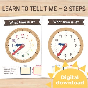 Learn to Tell Time Printable Clock | 2-Step Homeschool Activity Digital Download Kindergarten Preschool (Digital Download)