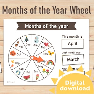 Months of the year wheel printable | Months of the year list | 12 month name |  learning months | Kindergarten Preschool | Homeschool idea