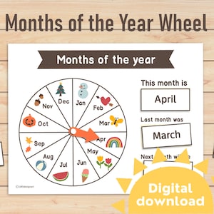 Months of the year wheel printable | Months of the year list | 12 month name |  learning months | Kindergarten Preschool | Homeschool idea