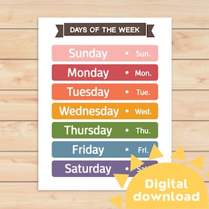 May include: A printable chart with the days of the week in colorful blocks. Each day is listed with its full name and abbreviation. The chart is titled "Days of the Week".