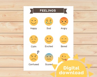 Feelings Chart for Kids | Emoji Emotions Poster, Mindfulness (Digital Download)