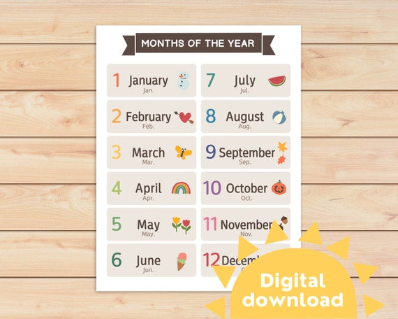 Months of the Year List for Kids 12 Months of the Year 12 - Etsy