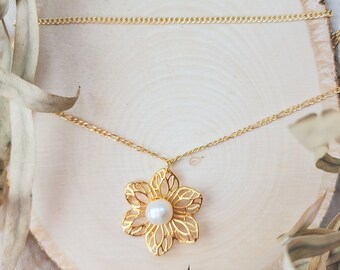 Gold flower with white pearl double chain necklace, elegant botanical necklace