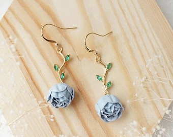 Blue Rose Earrings, Blue Flower Dangling Earrings, Botanical Earrings, Valentine Day Gift