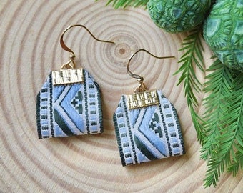 Blue geometric pattern ribbon boho earrings, handmade earrings, Valentine's gift