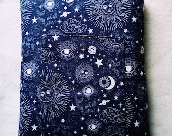Celestial Moon Stars Sun cotton fabric booksleeve, book protector, book bag padded book pouch for her for him with zip with pocket kindle