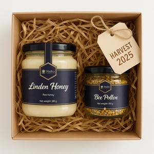 Set regalo di polline d'api e miele grezzo - Duo di superalimenti naturali / Raccolto 2025 / Confezione regalo benessere / Ecologico / Totale 350 g