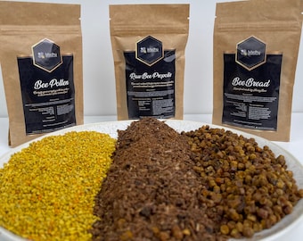 Set of natural honey bee products from nature: raw bee propolis (3,5 oz), pure bee pollen (3,5 oz) and organic bee bread (3,5 oz)