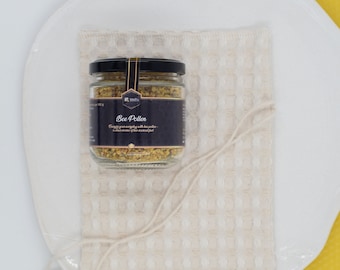 Fresh and Natural Bee Pollen Granules in Glass Jars with Linen Bag | Set of Organic Products of 2025 Season direct from Beekeeper with Bag