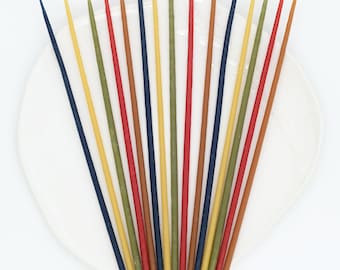 May include: A collection of 18 colorful birthday candles in shades of red, yellow, blue, and green. The candles are arranged in a fan shape on a white plate.