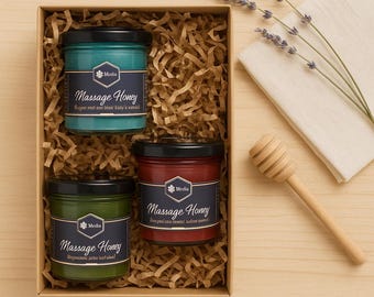 Massage Honey Gift Set – 3 Natural Blends in Glass Jars | Grapefruit, Peppermint, Lavender | Spa Gift for Her | Sauna Self Care Kit |