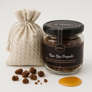 Glass Jar of Raw Bee Propolis in Absorbent Linen Waffle Pouch | Bee Product and Linen Bag Set | Handmade Gift Set 2025