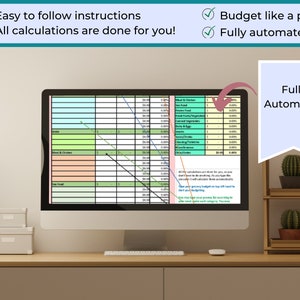 May include: A computer screen displaying a spreadsheet with a green, orange, and blue color scheme. The spreadsheet is titled "Fully Automated" and includes a list of food categories and their corresponding prices. The text "Easy to follow instructions" and "All calculations are done for you!" is displayed above the computer screen.
