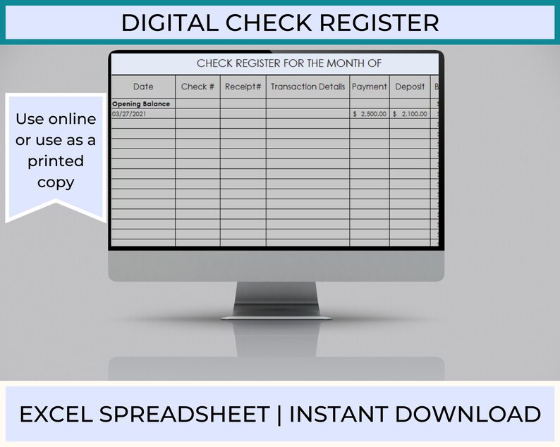 Checkbook Register Excel Template, Editable Check Register, Digital