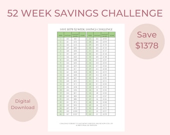 52 Week Savings Challenge Tracker – Save 1378 Dollars (Digital Download)
