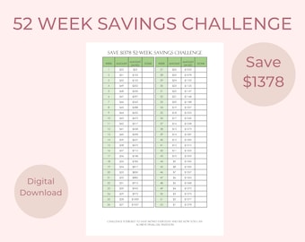 52 Weeks Savings Challenge Save 1378 in 52 Weeks Savings Challenge Tracker Printable