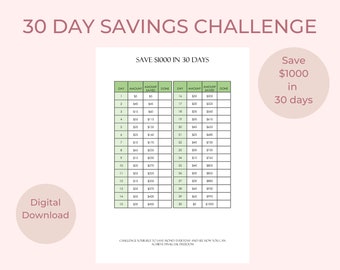 May include: A printable 30-day savings challenge chart to help you save $1000 in 30 days. The chart has a green and white color scheme and lists the amount to save each day, the total amount saved, and a check box to mark when the amount is saved.