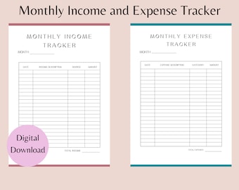 May include: A printable monthly income and expense tracker with sections for date, income description, source, amount, expense description, category, and amount. The tracker has a total income and total expenses section at the bottom.