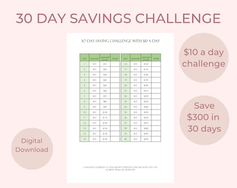 Save 300 Dollars in 30 Days 30 Day Saving Challenge  Make Daily Goals Money Saving Challenge Save 10 Dollars a Day