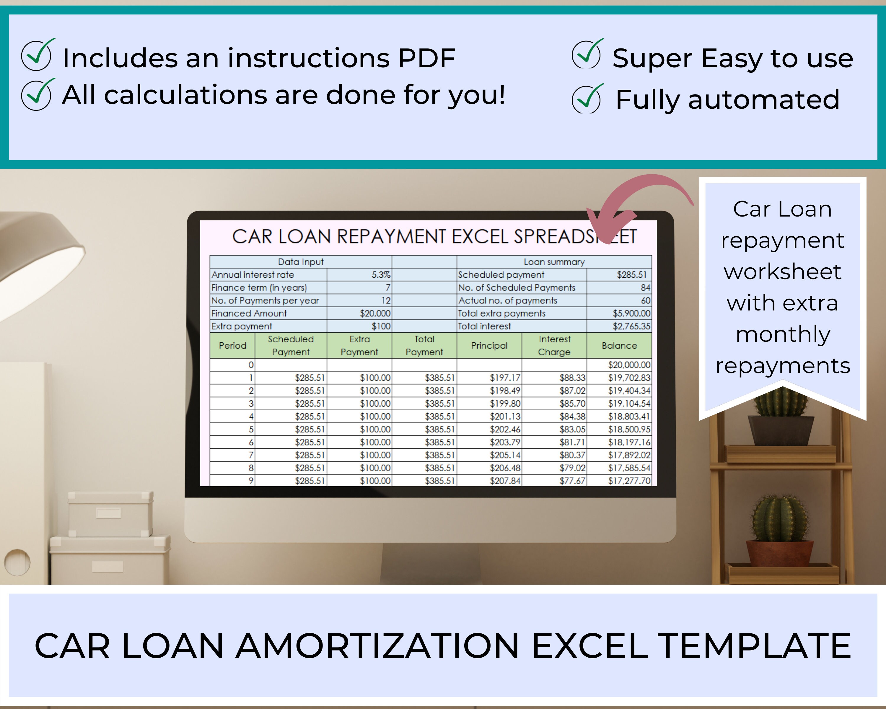 Car Loan Amortization Excel Template, Repayment Calculator for Car Loan