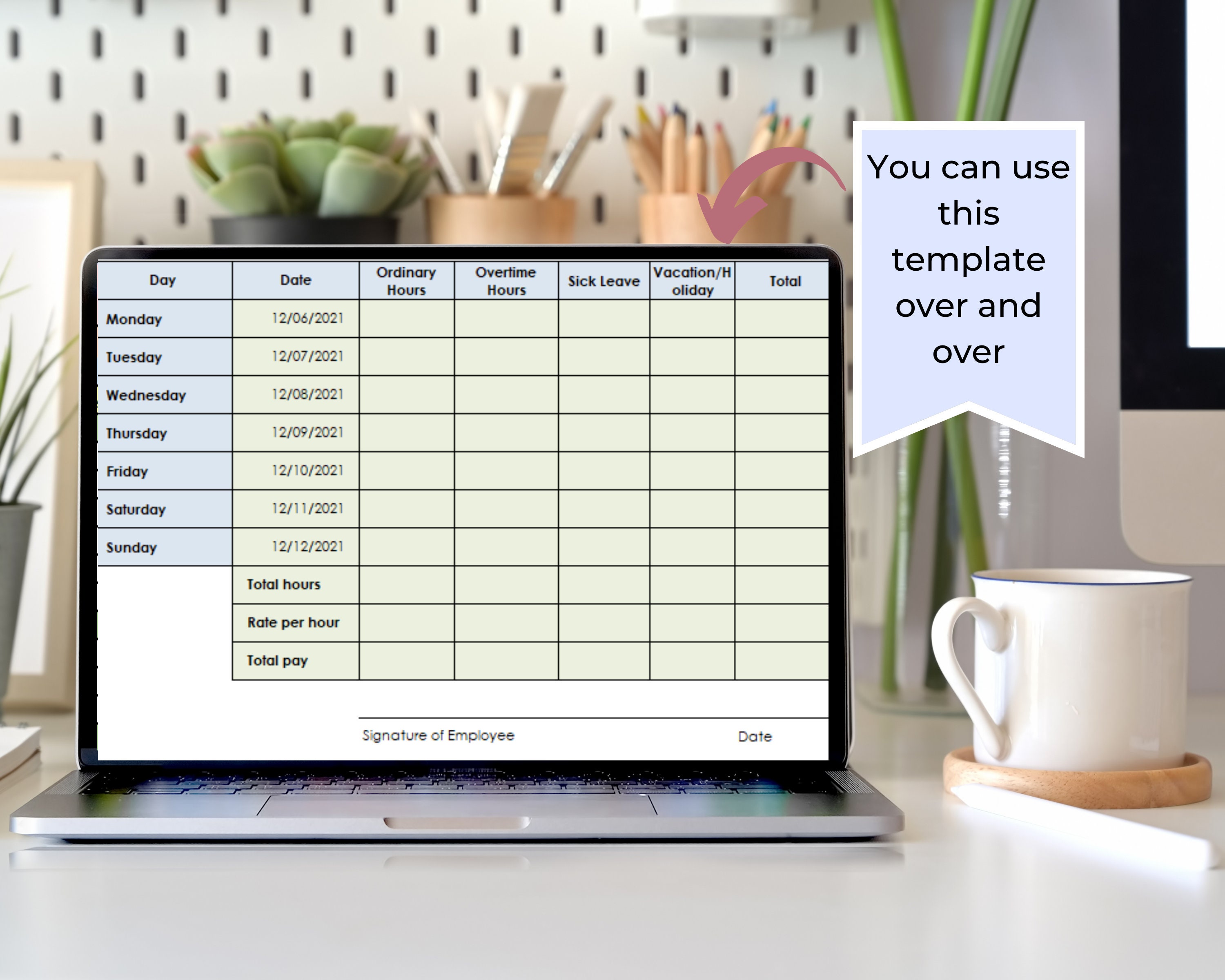Employee Timesheet Excel Template: Weekly Work Hours Tracker (digital ...