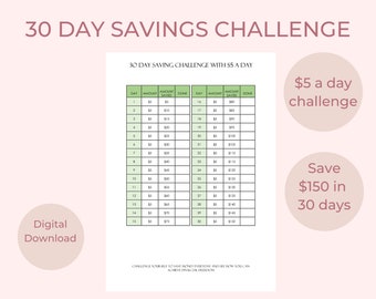 Save 150 Dollars in 30 Days 5 Dollars a Day Savings Challenge Money Saving Printable Money Goal Setting Printable