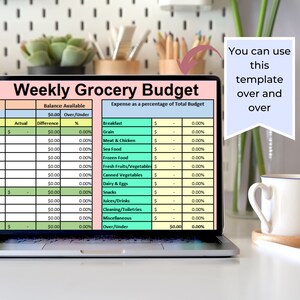 May include: A laptop computer screen displaying a weekly grocery budget spreadsheet with categories for breakfast, grain, meat and chicken, seafood, frozen food, fresh fruits and vegetables, canned vegetables, dairy and eggs, snacks, juices and drinks, cleaning and toiletries, miscellaneous, and over/under. The spreadsheet has columns for actual, difference, and percentage. The text "You can use this template over and over" is displayed in a blue and white speech bubble.