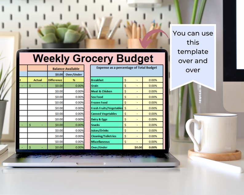May include: A laptop computer screen displaying a weekly grocery budget spreadsheet with categories for breakfast, grain, meat and chicken, seafood, frozen food, fresh fruits and vegetables, canned vegetables, dairy and eggs, snacks, juices and drinks, cleaning and toiletries, miscellaneous, and over/under. The spreadsheet has columns for actual, difference, and percentage. The text "You can use this template over and over" is displayed in a blue and white speech bubble.