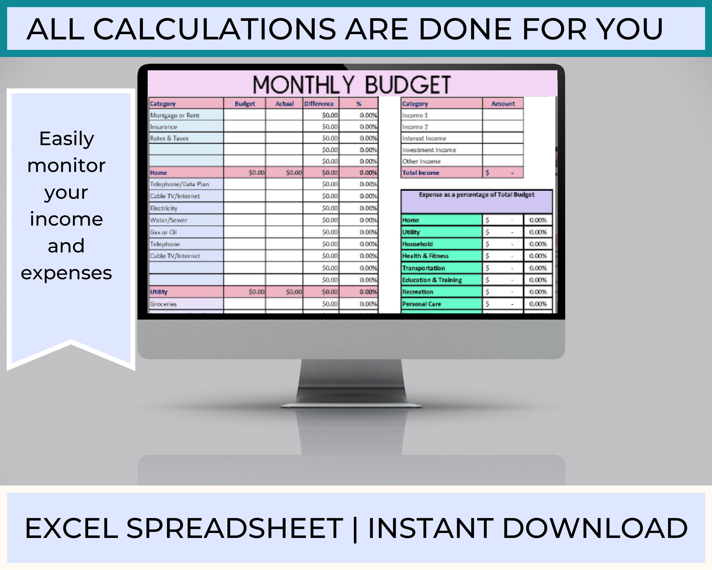 Monthly Budget Excel Spreadsheet: Income & Expense Tracker (digital ...