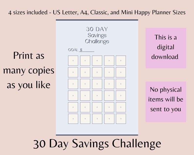 30 Day Savings Challenge Printable Savings Tracker Printable Savings Goal Savings Challenge Tracker image 2