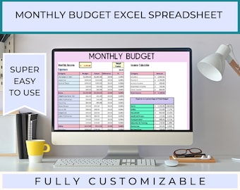 Monthly Budget Excel Spreadsheet to track income, expenses, savings, and cash flow with automatic calculations and easy budgeting