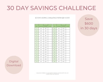 30 Day Saving Challenge  20 dollars a Day Money Saving Challenge  Save 600 Dollars In One Month  Make Daily Goals  Financial Planner