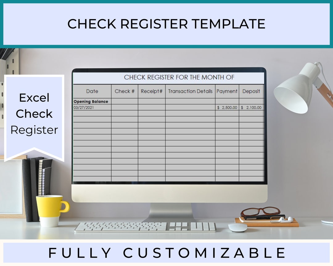Checkbook Register Excel Template, Editable Check Register, Digital