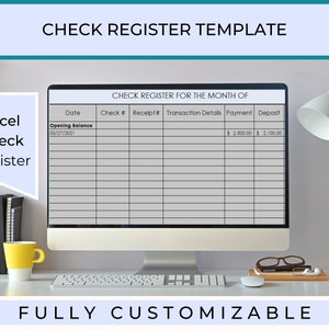 Vorlage für ein digitales Scheckregister, um Zahlungen, Salden und Überweisungen einfach zu verfolgen. Vollständig anpassbare Tabelle, sofortiger Download
