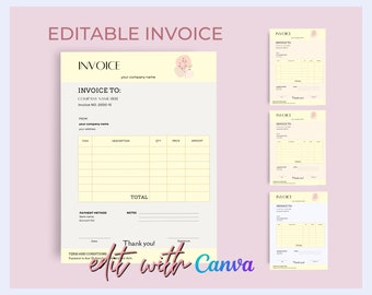 Printable Small Business Invoice Template, Invoice Canva Editable Template, 3 Premade Colors Digital Invoice, Small Business Canva Template