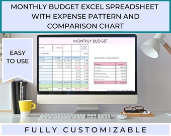 Monthly Budget Excel Spreadsheet with Comparison Chart,Personal Budget Template, Income & Expense Budget, Customizable Budget Template