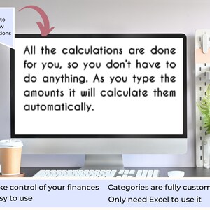May include: A computer screen displaying text about a financial calculator. The text reads: "All the calculations are done for you, so you don't have to do anything. As you type the amounts it will calculate them automatically."