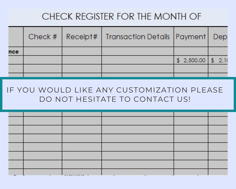 Checkbook Register Excel Template, Editable Check Register, Digital