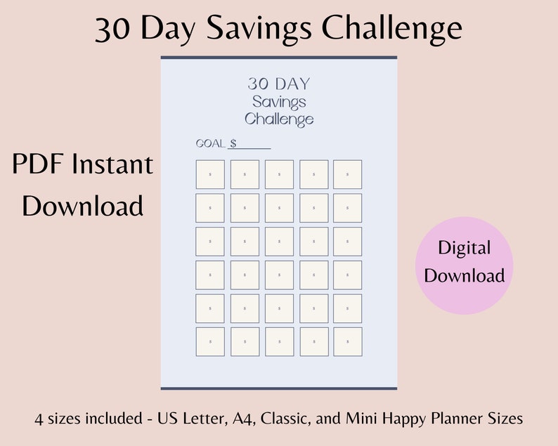 30 Day Savings Challenge Printable Savings Tracker Printable Savings Goal Savings Challenge Tracker image 1