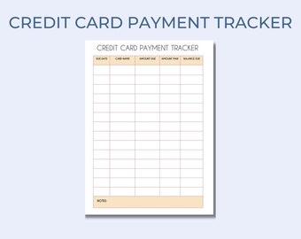 Pode incluir: Uma folha de papel branca com uma grelha para controlar os pagamentos com cartão de crédito. O título "CREDIT CARD PAYMENT TRACKER" está no topo. As colunas incluem "DUE DATE", "CARD NAME", "AMOUNT DUE", "AMOUNT PAID" e "BALANCE DUE".