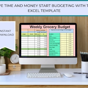 May include: A computer screen displaying a weekly grocery budget spreadsheet with categories for breakfast, meat and chicken, seafood, frozen food, fresh fruits and vegetables, canned vegetables, dairy and eggs, snacks, drinks, cleaning/toiletries, and miscellaneous. The spreadsheet has columns for budget, actual, difference, and percentage of total budget. The computer is on a white desk with a cup of coffee, a clock, and a pencil holder with pencils.
